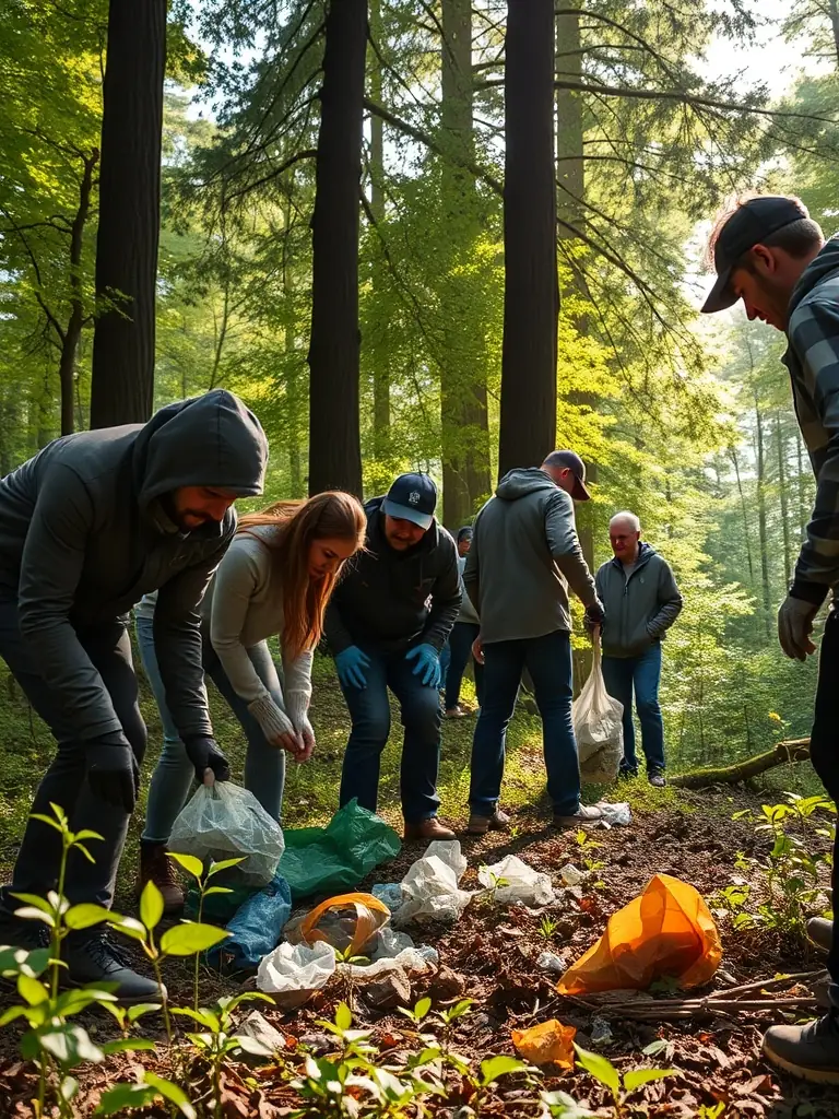 A photograph of SCC members cleaning up a local forest area, removing litter and debris to maintain a healthy environment for wildlife.
