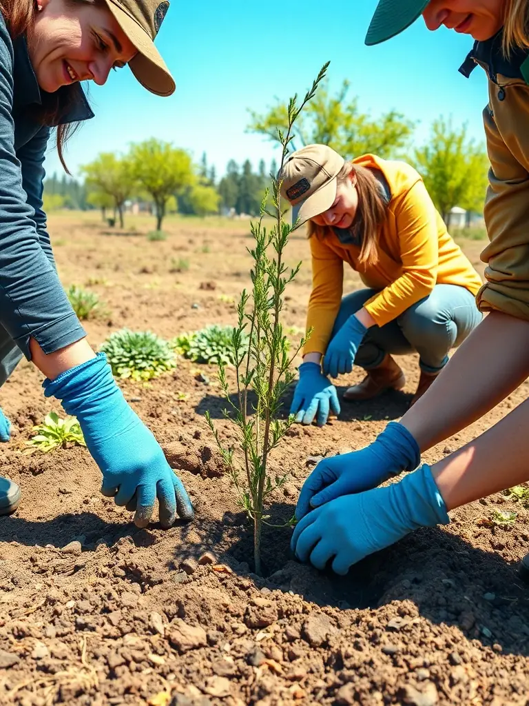A group of SCC members planting trees in a deforested area, showcasing their commitment to habitat restoration and environmental stewardship.