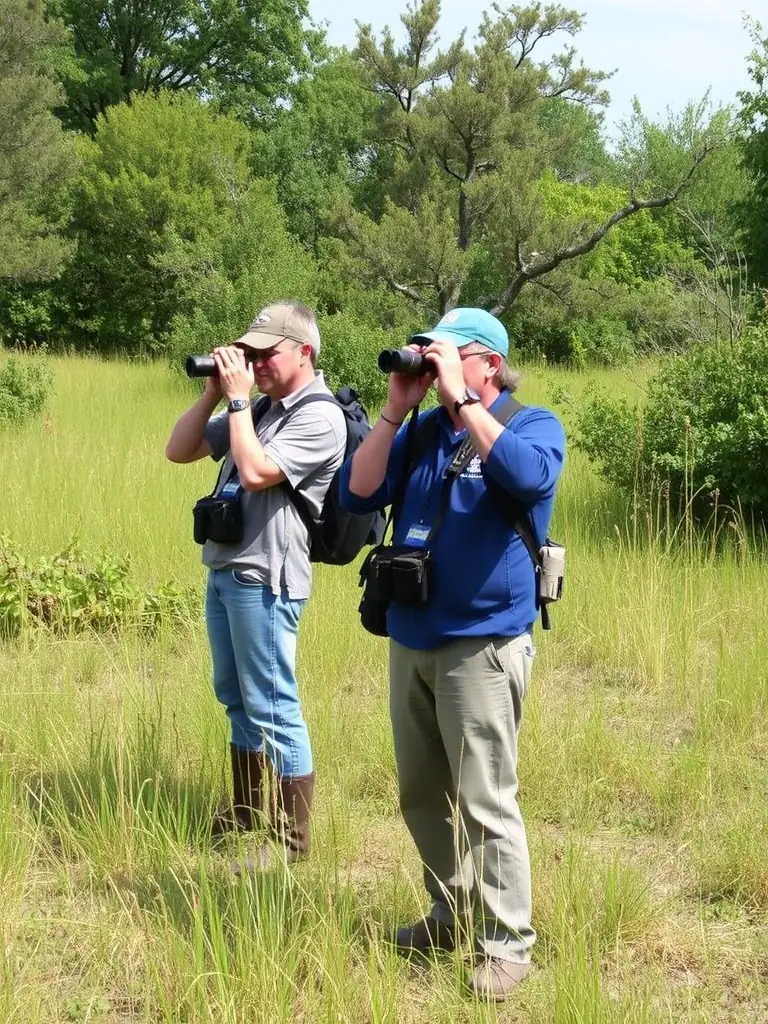 A photograph of SCC members participating in a wildlife census, using binoculars and notebooks in a natural setting. The image should convey a sense of dedication to conservation and scientific data collection.