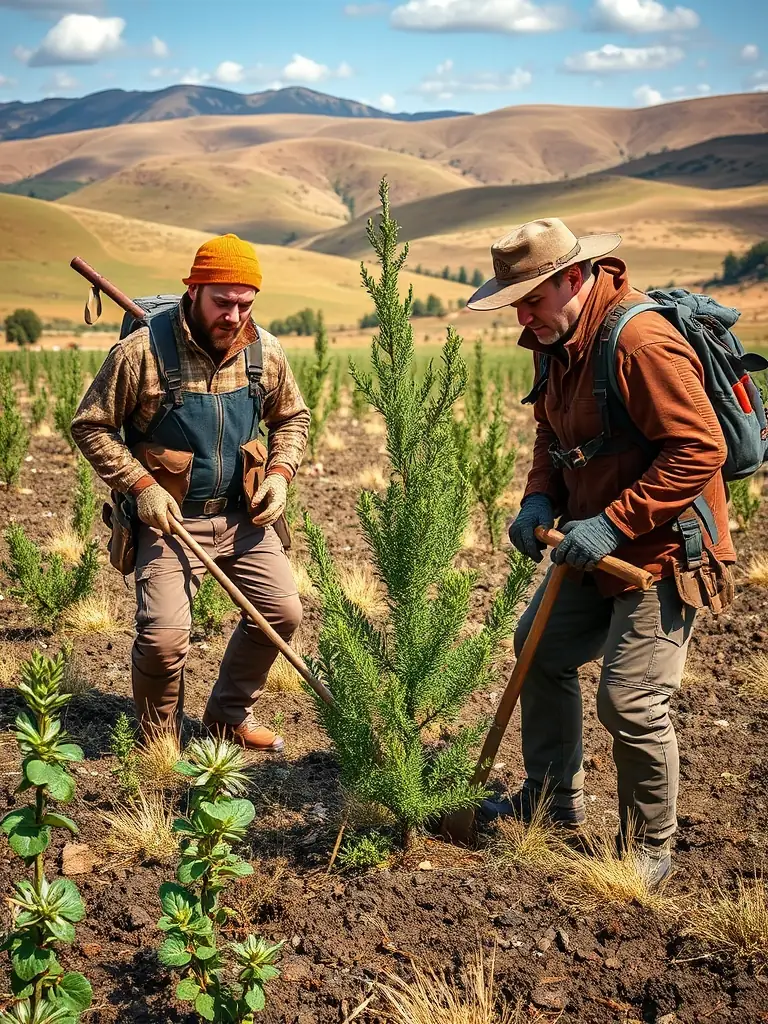 A photograph showing SOCIETE DE CHASSE LA CLUZELLE members collaborating with local farmers to implement wildlife-friendly agricultural practices, promoting coexistence.