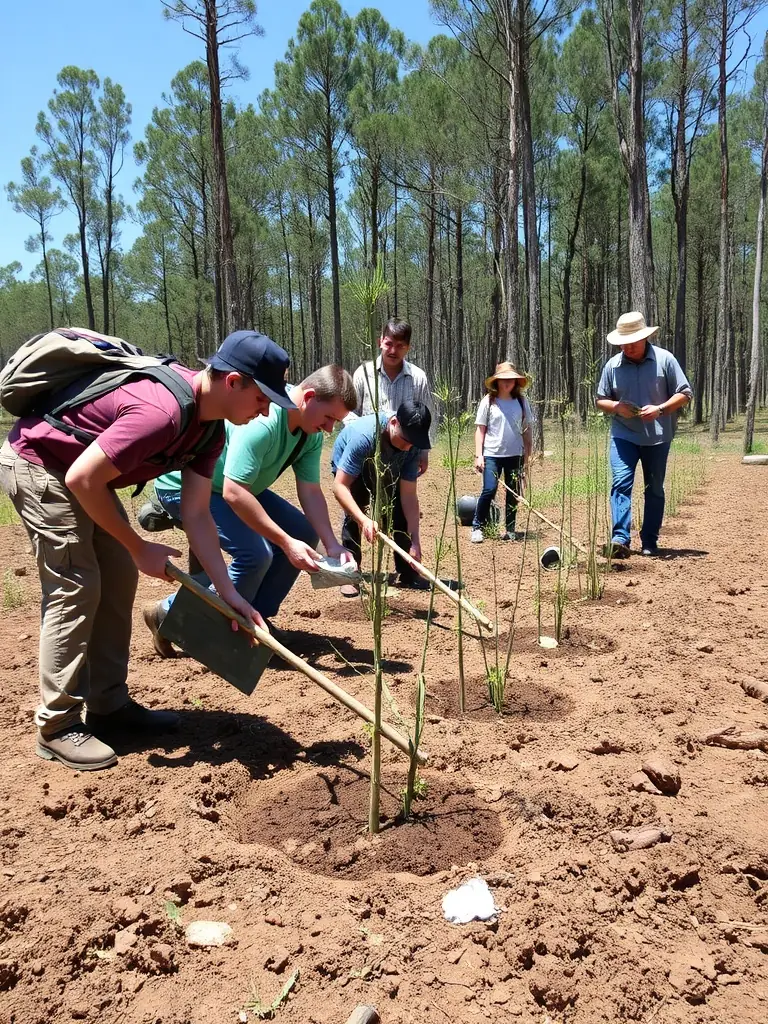 A photograph of volunteers planting trees as part of a habitat restoration project, showcasing the organization's commitment to environmental conservation.