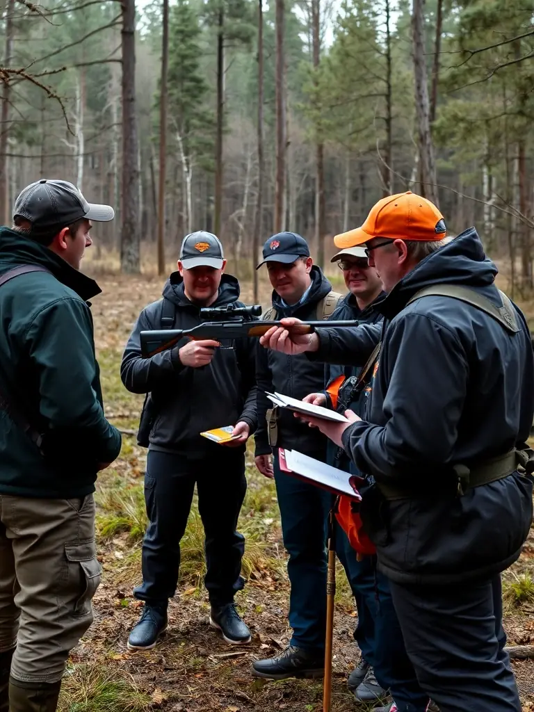A photo of SOCIETE DE CHASSE LA CLUZELLE members conducting a workshop on responsible hunting practices for young hunters, emphasizing safety and conservation.