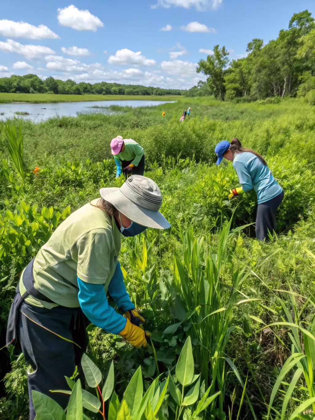 A picture of SOCIETE DE CHASSE LA CLUZELLE members participating in a habitat cleanup, removing debris and invasive species to improve the ecosystem for local wildlife.