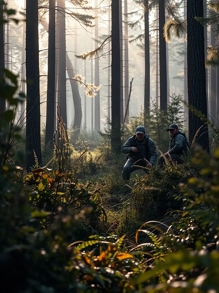 A photograph of members of the hunting group working together to clear a trail in a forest, demonstrating their commitment to maintaining access to hunting areas.