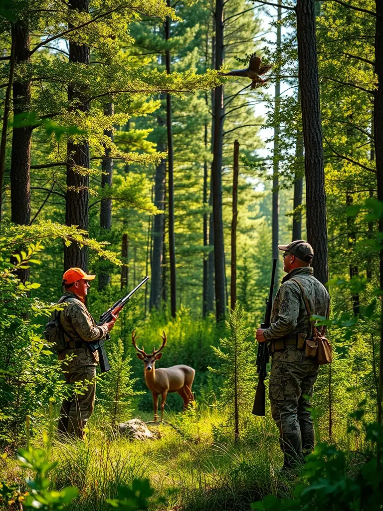 A photograph of hunters participating in a controlled deer hunt in a wooded area, emphasizing safety and responsible hunting practices.