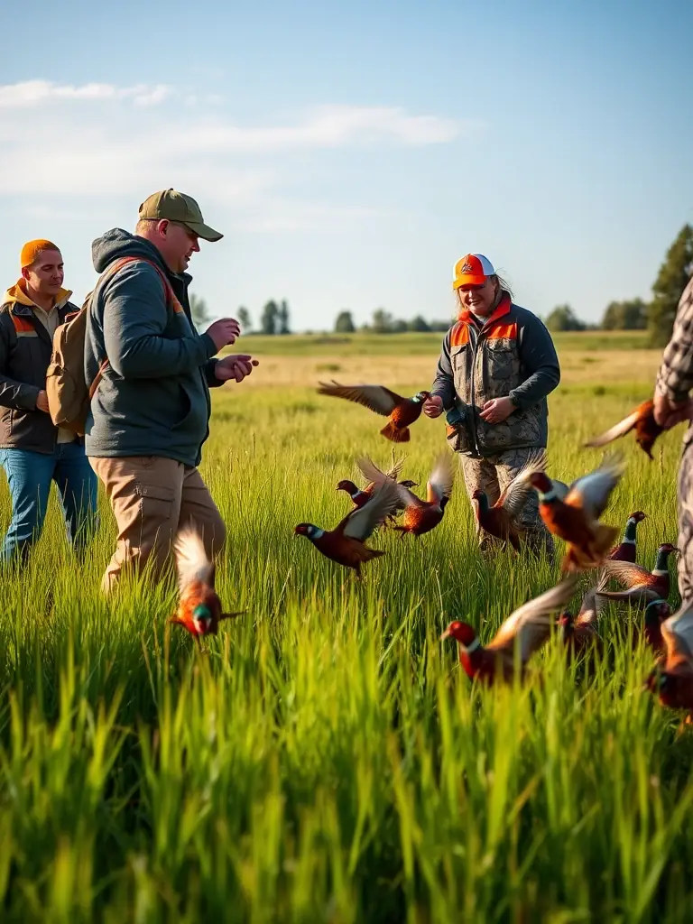 A photograph capturing a group of SOCIETE DE CHASSE LA CLUZELLE members releasing pheasants into a managed habitat, showcasing their commitment to wildlife repopulation efforts.
